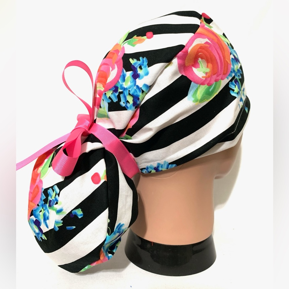Floral Striped Ponytail Scrub Cap, Scrub Cap for Women, Scrub Caps,Surgical Hats